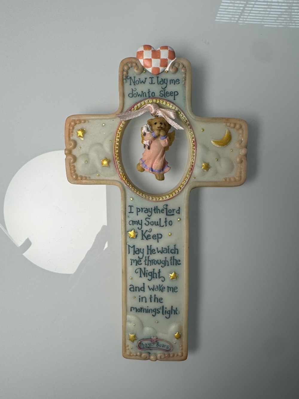 “Now I lay me down to sleep” prayer bear resin cross plaque.
